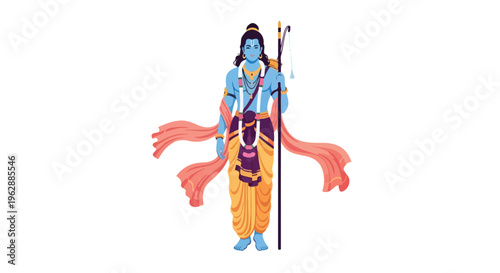 Illustration of Lord Rama standing heroically in traditional attire during Ram Navami celebrations with a serene background.