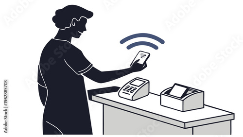 Person making contactless payment with phone at checkout counter with wireless technology
