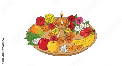 A vibrant offering plate filled with fruits, flowers, and a lit diya on a white background, symbolizing Ram Navami celebrations.