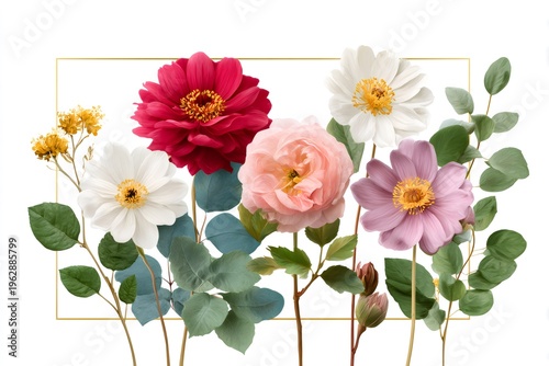 Colorful blooming flowers with gold frame botanical illustration