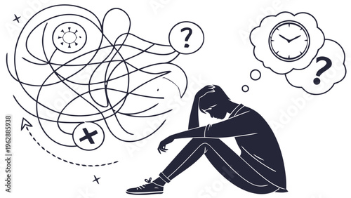 Person sitting with head down surrounded by chaotic thoughts and confusion symbolizing stress and anxiety in a dark silhouette