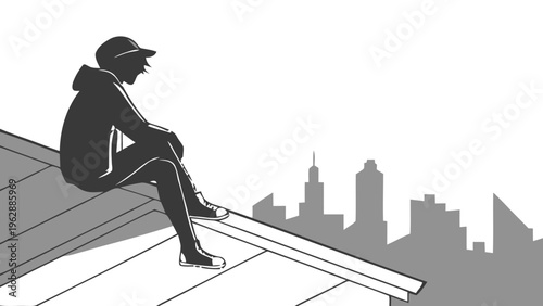 Person sitting on rooftop edge overlooking city skyline at dusk feeling contemplative and relaxed in urban environment