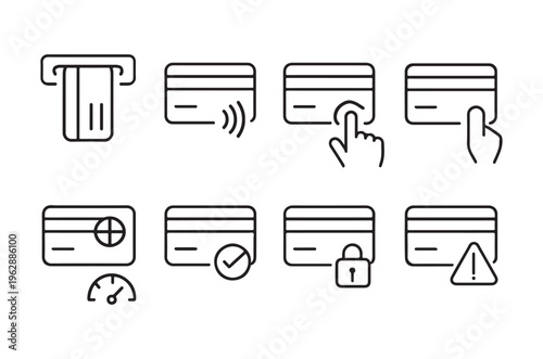 Line art icons depicting credit card transactions and security features