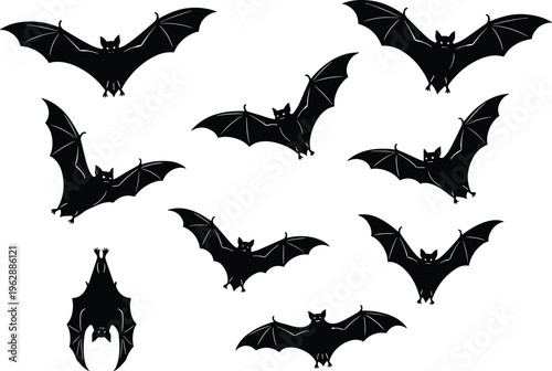 Black silhouette bat illustrations in flying and hanging positions, stylized nocturnal animal artwork collection for Halloween and nature design