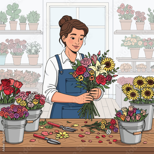 A florist arranging a colorful bouquet with flowers in shop