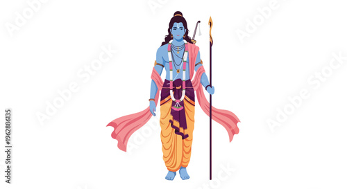 Illustration of Lord Rama standing with a bow and arrow, wearing traditional Indian attire, against a clean white background, conveying a sense of Hindu mythology and culture during Ram