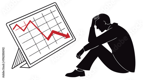 Silhouette of a worried person sitting beside a falling graph chart with a downward trend line on a screen conveying sadness and concern