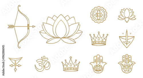 Golden line art icons depicting various Hindu and Buddhist symbols, including a bow, lotus flower, and om, arranged on a white background with a minimalist aesthetic.