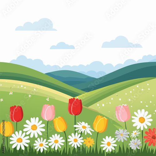 Rolling Hills with Flowers and Sky Flat Nature Illustration
