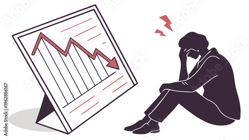 Sad person sitting beside a falling graph chart with a downward trend feeling stressed or depressed concerned about financial loss or failure