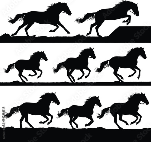 Sequence of horses running in silhouette against white background