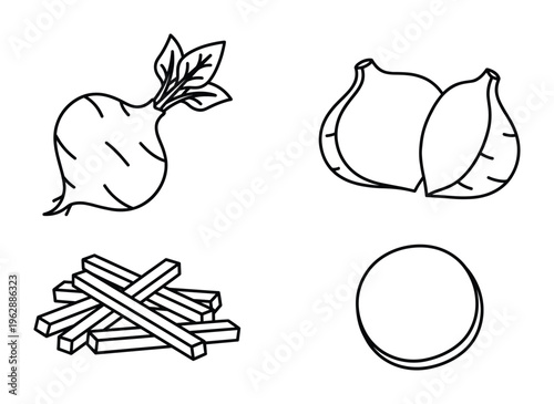 Jicama root vegetable line icons including whole sliced and sticks versions for cooking design sets