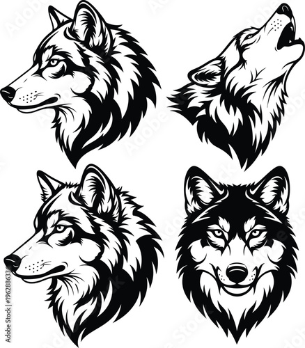Four different wolf heads in various expressions and angles