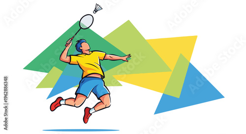 A cartoon illustration of a badminton player in action, with the birdie up
