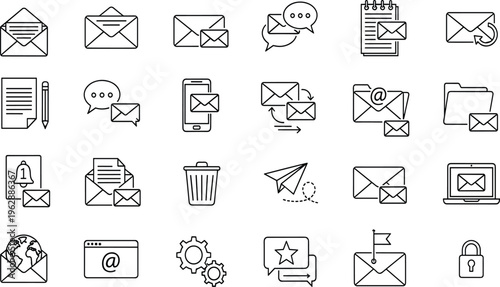 Large set of email and communication line icons featuring envelopes, newsletters, mobile messaging, chat bubbles, global mail, and digital contact symbols.