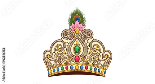 Intricately designed crown with colorful jewels and peacock feather on white background, symbolizing royal heritage, perfect for Ram Navami celebrations.