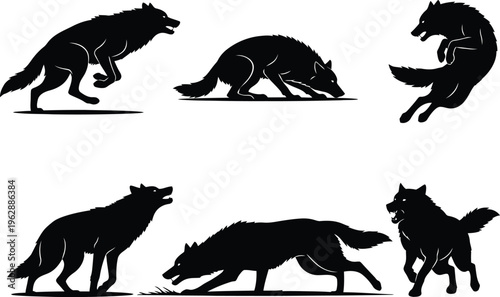 Sequence of wolf movements in various dynamic poses and actions