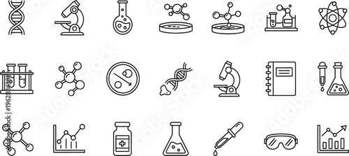 research laboratory icon, science lab symbol, laboratory equipment icon, microscope icon, test tube icon, beaker flask icon, DNA helix icon, molecule structure icon, atom symbol, petri dish icon, pipe