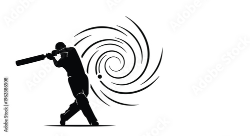 Cricket player in action, silhouetted against a white background, swings a bat powerfully at a ball, creating a dynamic spiral motion effect.