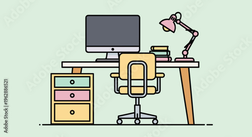 Office desk with computer chair lamp.