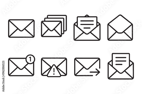 Collection of black outline icons depicting various email and message states