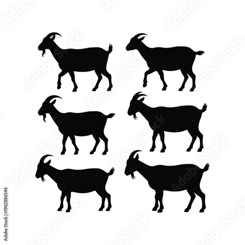 Silhouette illustrations of six goats in various poses against a white backdrop
