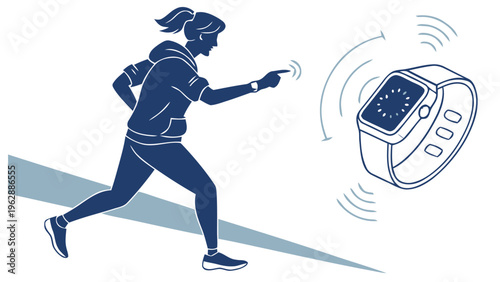 Person running and checking smartwatch with smartphone fitness tracking and technology for active lifestyle and health monitoring