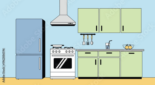 Green kitchen cabinets and appliances.