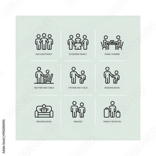 Family life icons depicting different relationships and shared activities