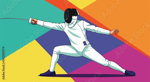 A fencer in white suit lunges forward with a colorful abstract background