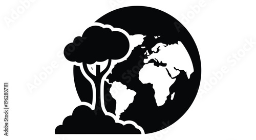 A stylized depiction of earth with a tree and clouds representing ecology