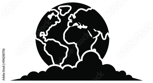Stylized black silhouette of earth rising above cloud formations high quality