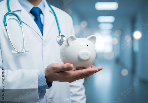 A doctor in a white coat holding a piggy bank in a blurred hospital hallway symbolizing medical cost savings