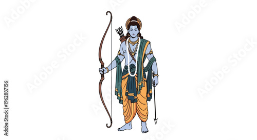 Illustration of Lord Rama, the revered Hindu deity, standing heroically with a bow and arrow in traditional attire, symbolizing courage and devotion during Ram Navami celebrations.