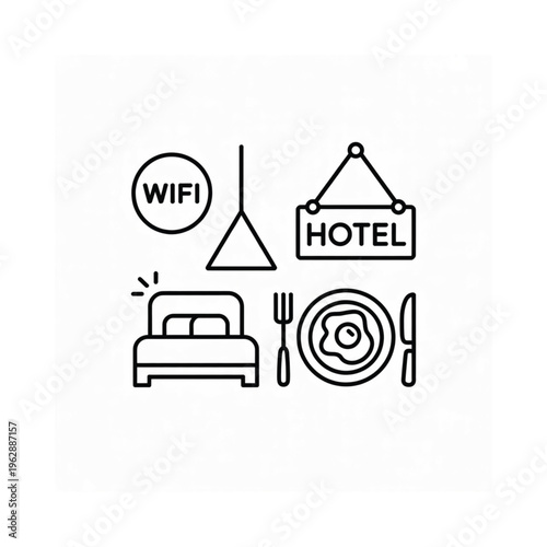Hotel amenities and services depicted in simple line art icons