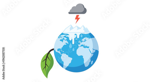 A stylized earth with a leaf lightning and cloud illustration