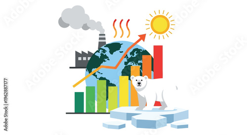 Global warming illustration showing rising temperatures pollution and melting polar ice