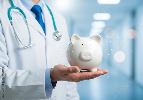 A doctor in a white coat holding a piggy bank in a blurred hospital hallway symbolizing medical cost savings