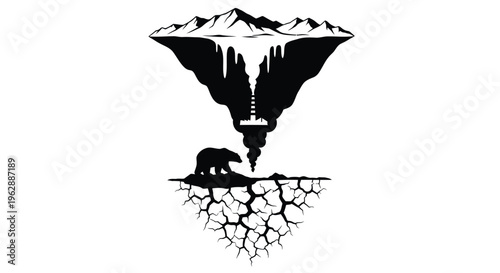 A stark black and white illustration depicting a melting iceberg with a bear