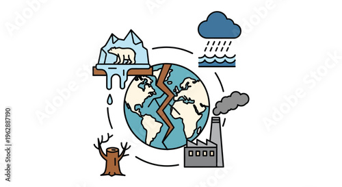 Climate change illustration depicting melting ice pollution and environmental impact