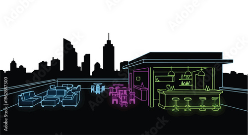 A neon outline of a rooftop bar with seating areas contrasts against a dark city skyline silhouette.