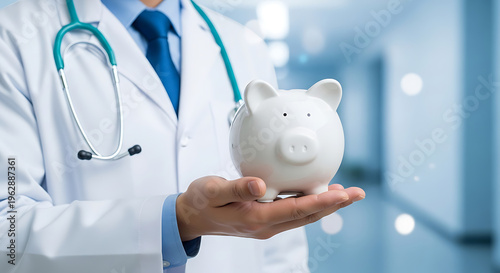 A doctor in a white coat holding a piggy bank in a blurred hospital hallway symbolizing medical cost savings
