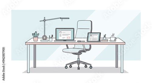 Office desk with computer and chair.