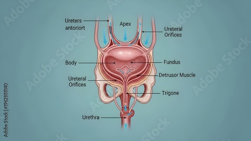 Frontal cross‑section of the urinary bladder showing apex, body, fundus, detrusor muscle, trigone and ureteral orifices with urethral outlet, demonstrating regions involved in urine storage, sphincter