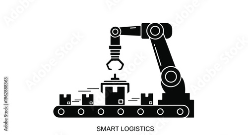 Industrial robotic arm operates above a conveyor belt, precisely placing a package in a smart logistics automation sequence.
