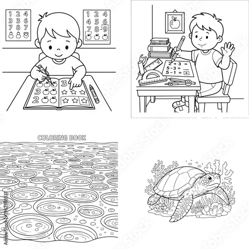 Kids learning activities and animal coloring book pages with black and white