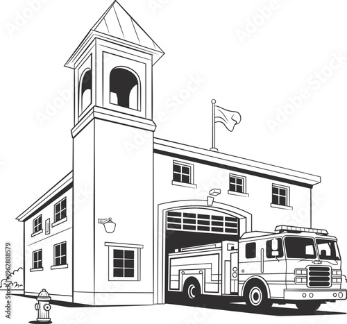 Fire station building illustration, fire truck emergency service garage, detailed line art architecture, public safety facility design concept