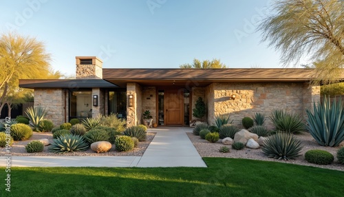 Modern ranch home with stone facade sits in desert landscaping, green lawn. Features include wooden door, chimney, ample windows. Architectural design emphasizes clean lines, natural elements,