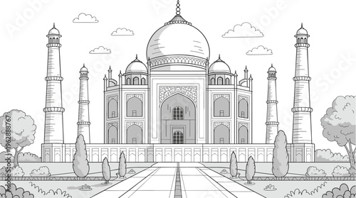 Taj Mahal illustration, iconic Mughal architecture with domes and minarets, detailed line art, historic Indian landmark, cultural heritage design