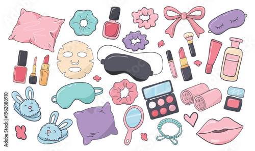 Pajama day slumber party sleeping doodle hand drawn set with beauty routine and self care items for girls night, spa